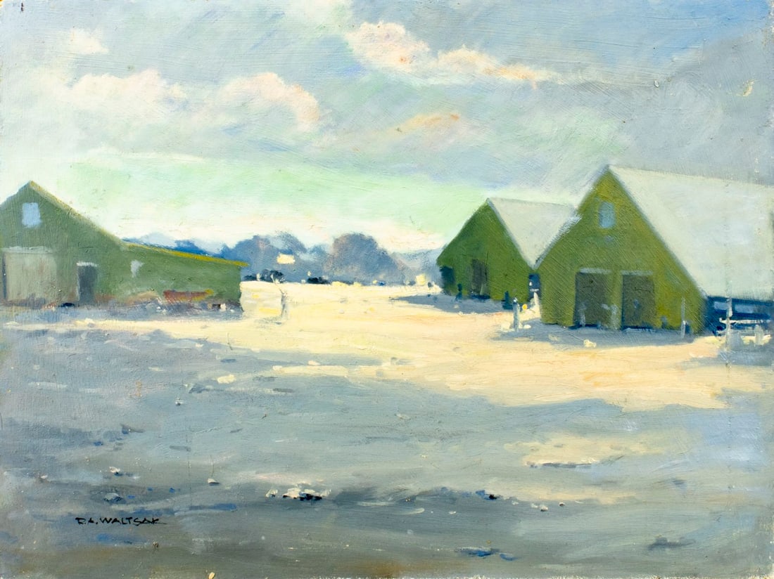Robert Waltsak (NJ,b 1944) oil painting: ARTIST: Robert Alan Waltsak (New Jersey, born 1944) TITLE: Countryside Landscape with Barns MEDIUM: oil on board CONDITION: Some scratches/paint losses. No visible inpaint u