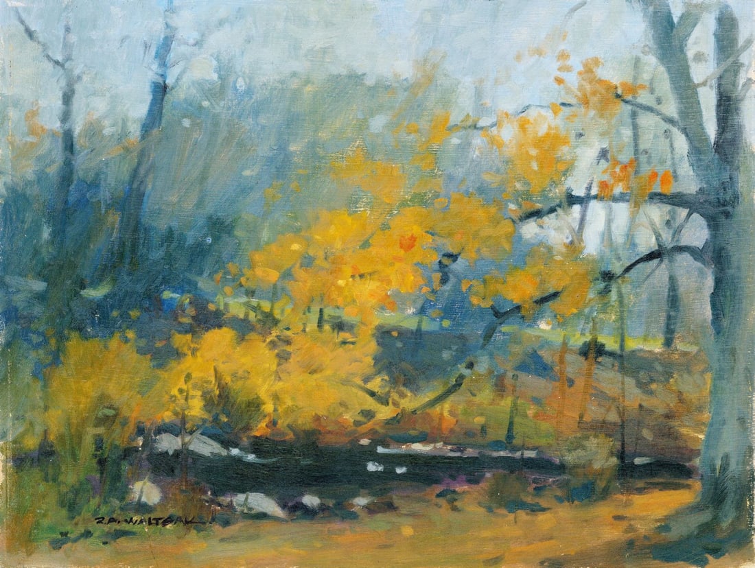 Robert Waltsak (NJ,b 1944) oil painting: ARTIST: Robert Alan Waltsak (New Jersey, born 1944) TITLE: Autumn Forest Landscape MEDIUM: oil on board CONDITION: Some small scratches/paint losses. No visible inpaint unde