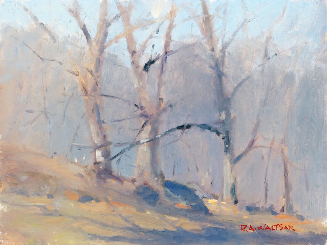 Robert Waltsak (NJ,b 1944) oil painting: ARTIST: Robert Alan Waltsak (New Jersey, born 1944) TITLE: Winter Forest Landscape MEDIUM: oil on board CONDITION: Overall good. No visible inpaint under UV light.