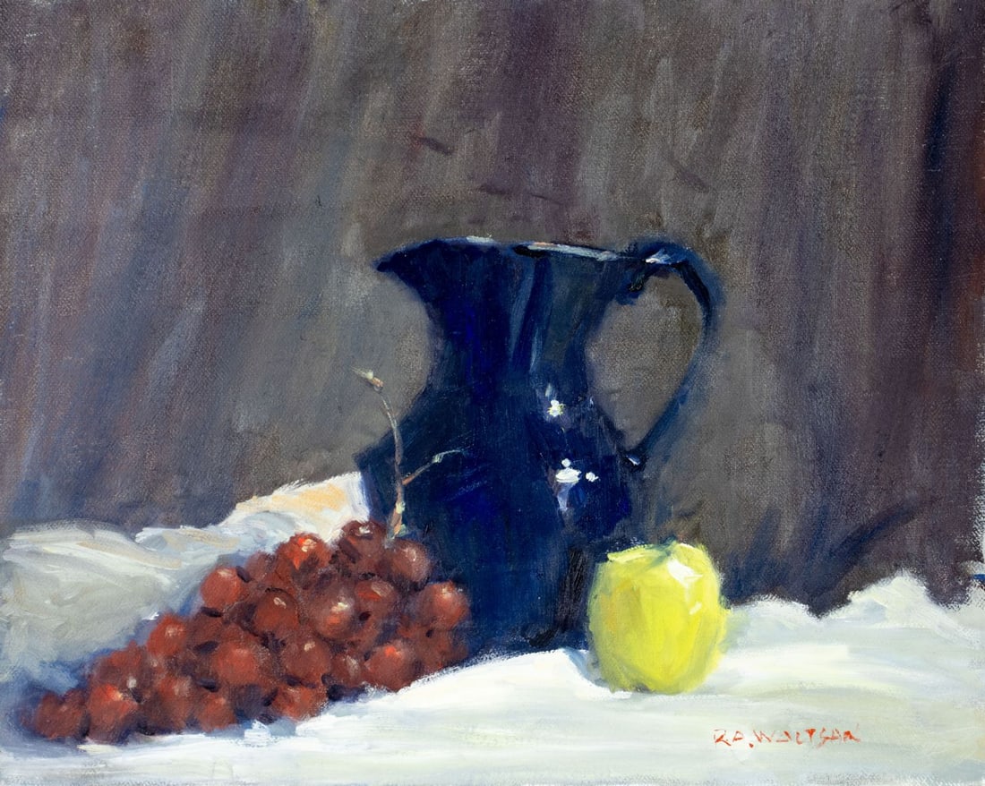 Robert Waltsak (NJ,b 1944) oil painting: ARTIST: Robert Alan Waltsak (New Jersey, born 1944) TITLE: Still Life with Jug, Grapes and Apple MEDIUM: oil on canvas CONDITION: Missing a few flakes of paint by the left e