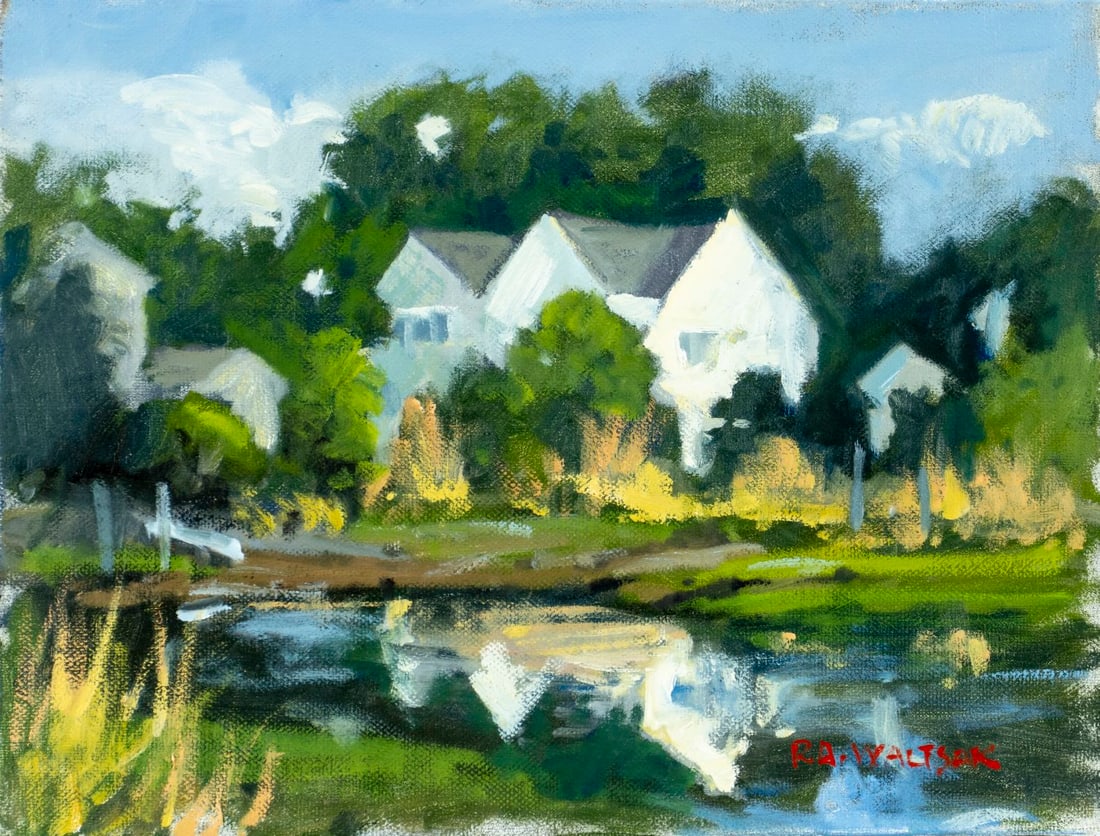 Robert Waltsak (NJ,b 1944) oil painting: ARTIST: Robert Alan Waltsak (New Jersey, born 1944) TITLE: Village River Landscape with Houses MEDIUM: oil on canvas CONDITION: Overall good. No visible inpaint under UV lig
