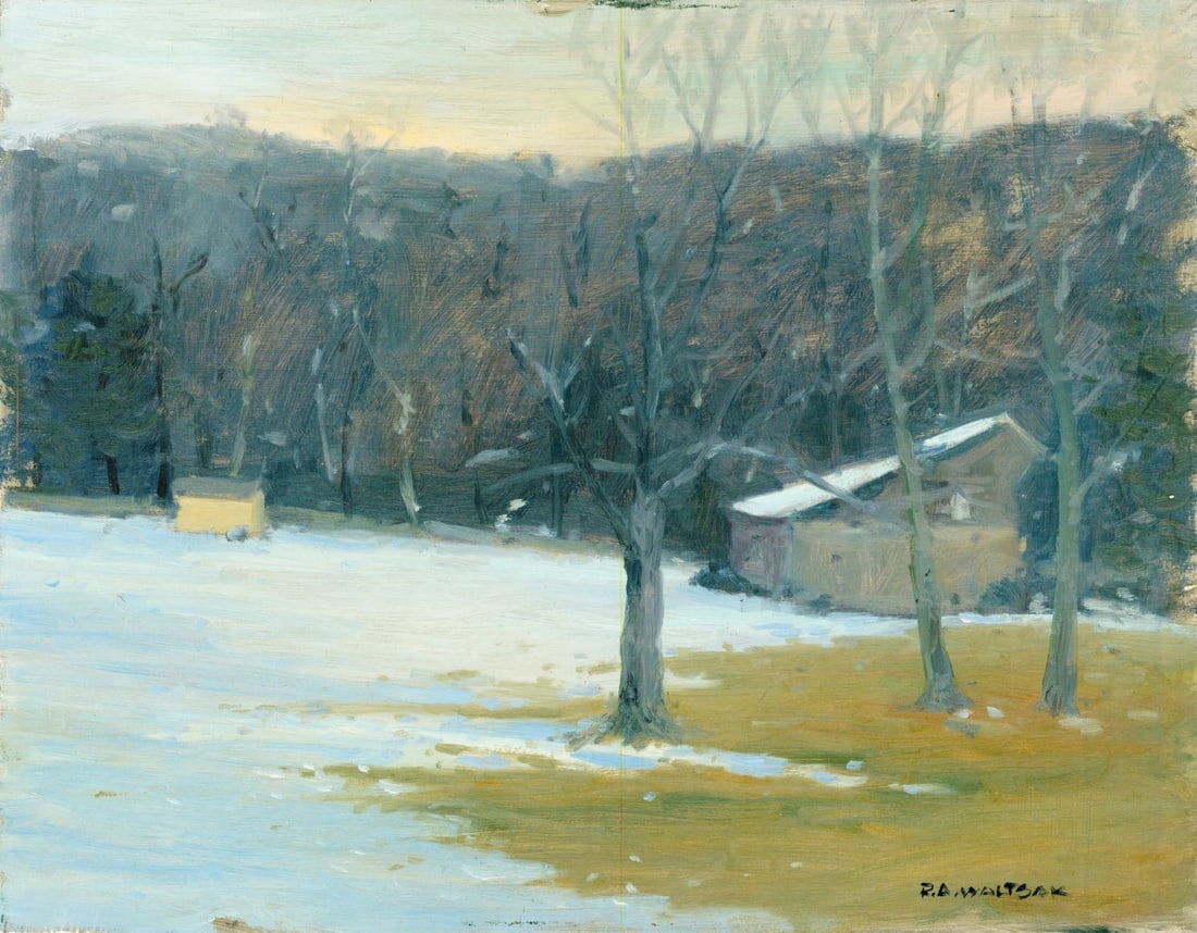 Robert Waltsak (NJ,b 1944) oil painting: ARTIST: Robert Alan Waltsak (New Jersey, born 1944) TITLE: Winter Landscape with Houses MEDIUM: oil on board CONDITION: Few minor paint losses. No visible inpaint under UV l