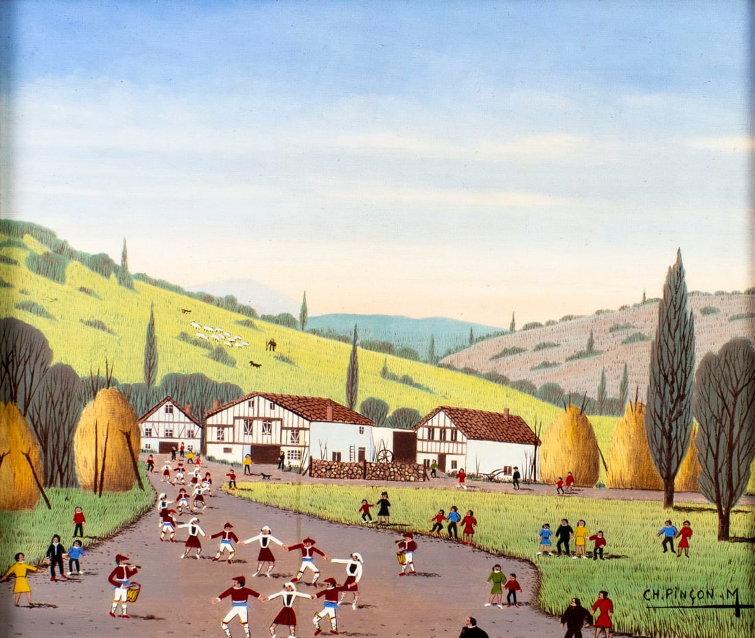 Charles Lucien Pincon (France,1902-1973) oil painting: ARTIST: Charles Lucien Pincon (French, 1902 - 1973) TITLE: Farandole Basque (titled on verso) MEDIUM: oil on canvas CONDITION: Few minor paint losses. No visible inpaint und