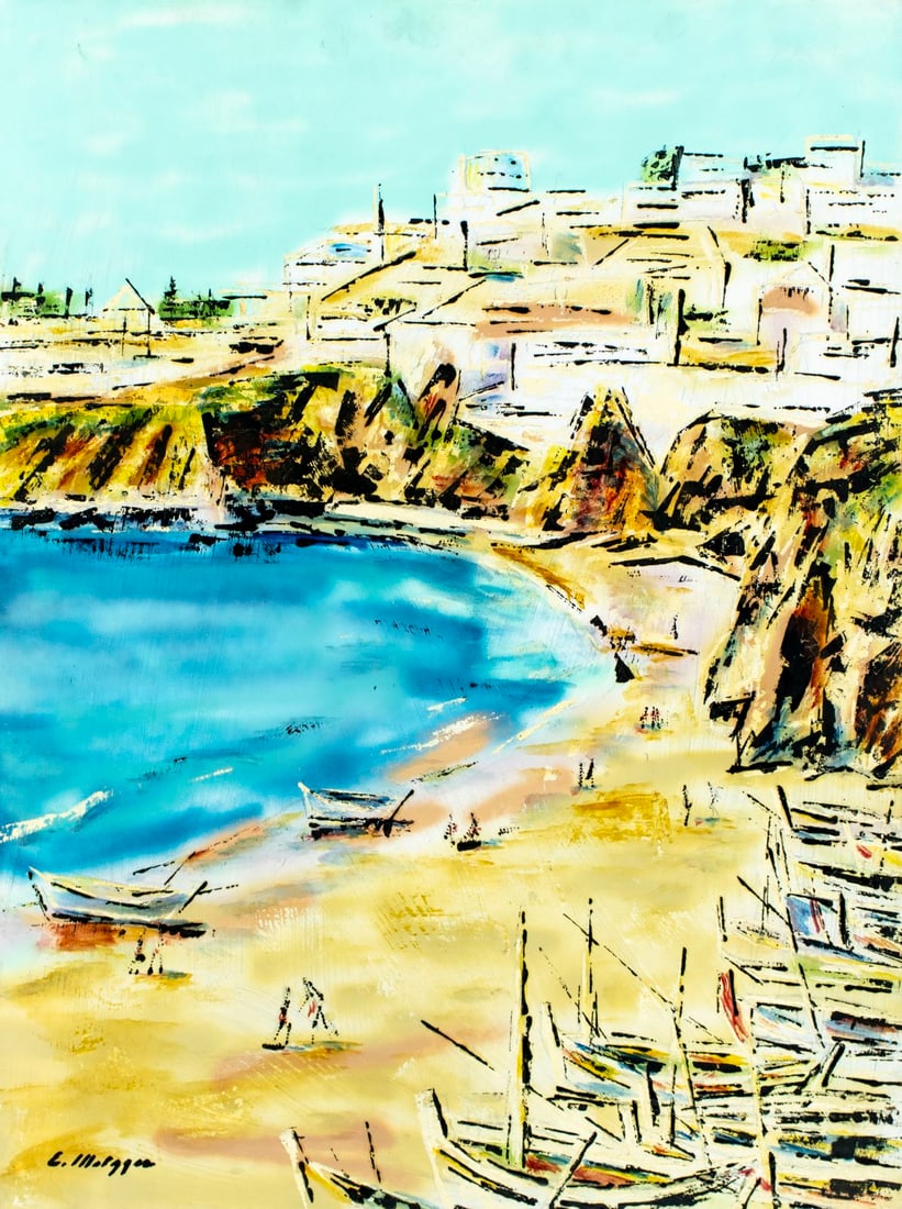 Evelyn Metzger (NY,Brazil,1911-2007) oil painting: ARTIST: Evelyn Borchard Metzger (New York, Brazilian, 1911 - 2007) TITLE: Coastal Cityscape with Boats MEDIUM: oil on board CONDITION: Few small paint losses. No visible inp