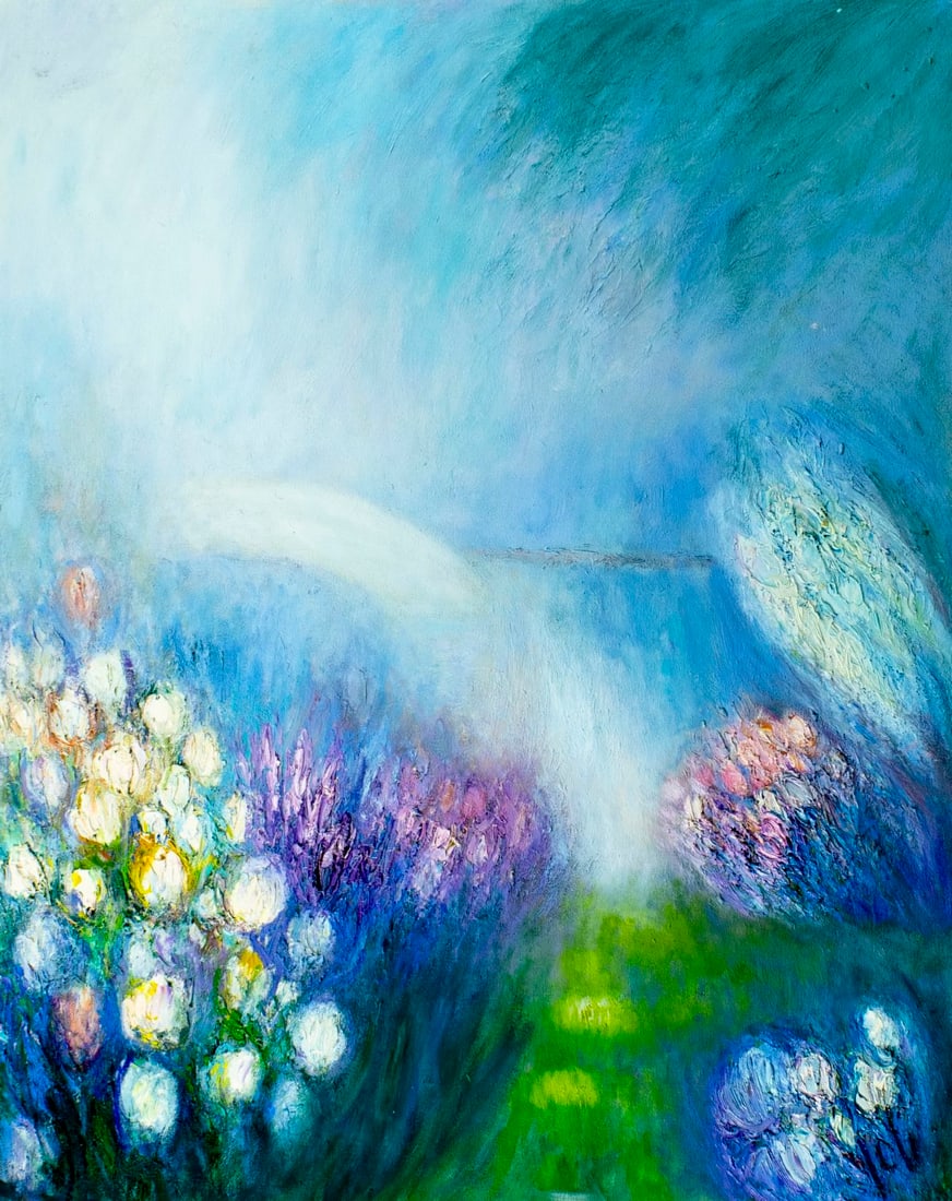 Yolanda Razzeto (Peru,1948-?) oil painting: ARTIST: Yolanda Razzeto (Peruvian, 1948 - ???) TITLE: Flower Garden Landscape MEDIUM: oil on canvas CONDITION: Unstretched (In-House stretching available) (In-House stretch