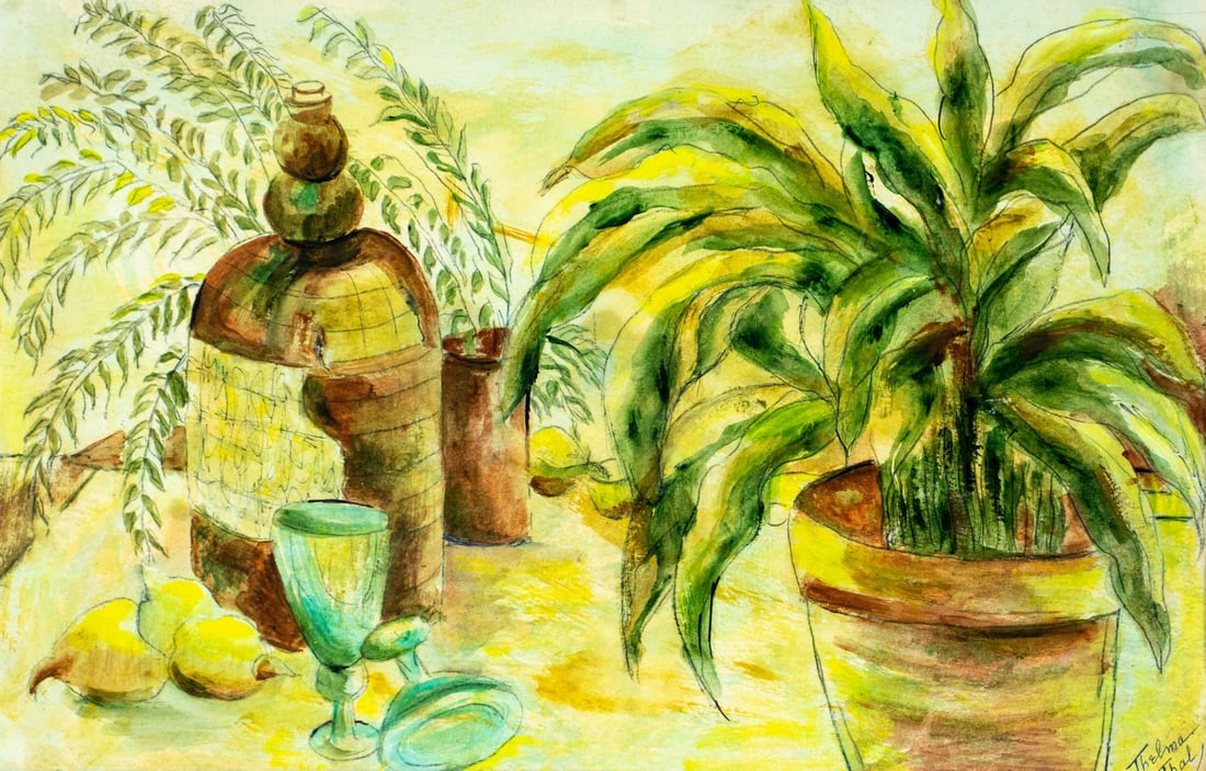 Thelma Thal (NY,1903-2001) watercolor painting: ARTIST: Thelma Thal (New York, 1903 - 2001) TITLE: Still Life with Flower Pots, Pears and Glasses MEDIUM: watercolor on paper CONDITION: Some age toning. ART SIZE