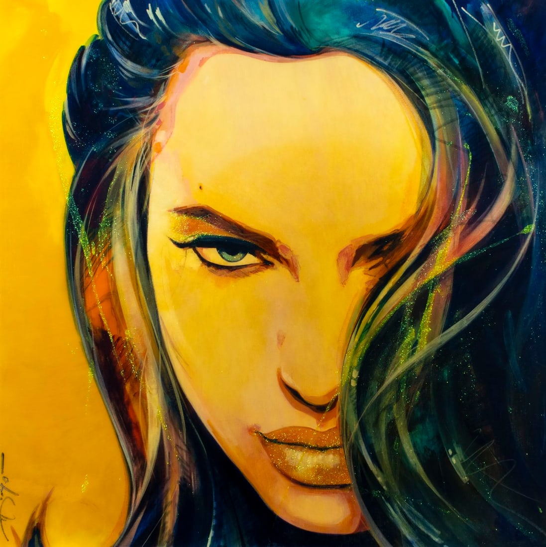 Vintage 21C American acrylic painting signed: ARTIST: - (American, 20/21 centuries) TITLE: Portrait of Woman YEAR: 2010 MEDIUM: acrylic on canvas. Canvas applied to board. CONDITION: Few minor scratc
