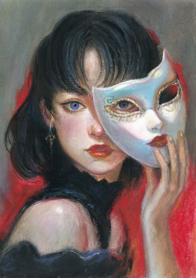 Ksenia Vasilchenko (Ukraine,b 1996) pastel painting: ARTIST: Ksenia Vasilchenko (Ukrainian, born 1996) TITLE: Portrait of Woman with Mask MEDIUM: pastel on heavy paper CONDITION: Minor scratches/paint losses. ART SI