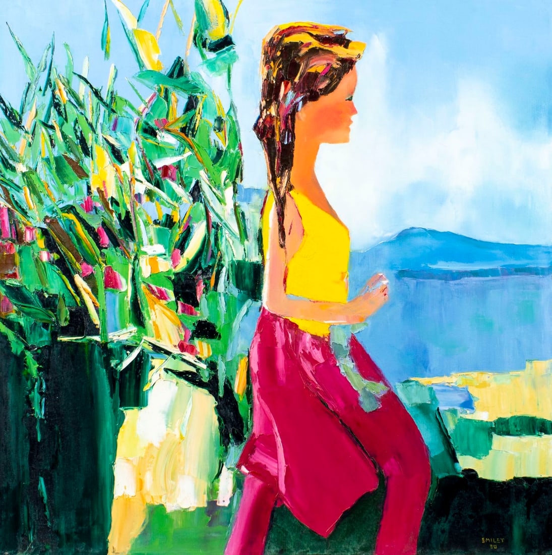 Sidney Smiley (WA,IL,1912-2002) acrylic painting: ARTIST: Sidney Smiley (Washington, Illinois, 1912 - 2002) TITLE: Strolling Woman YEAR: 1980 MEDIUM: acrylic on canvas CONDITION: One small patch. Few min