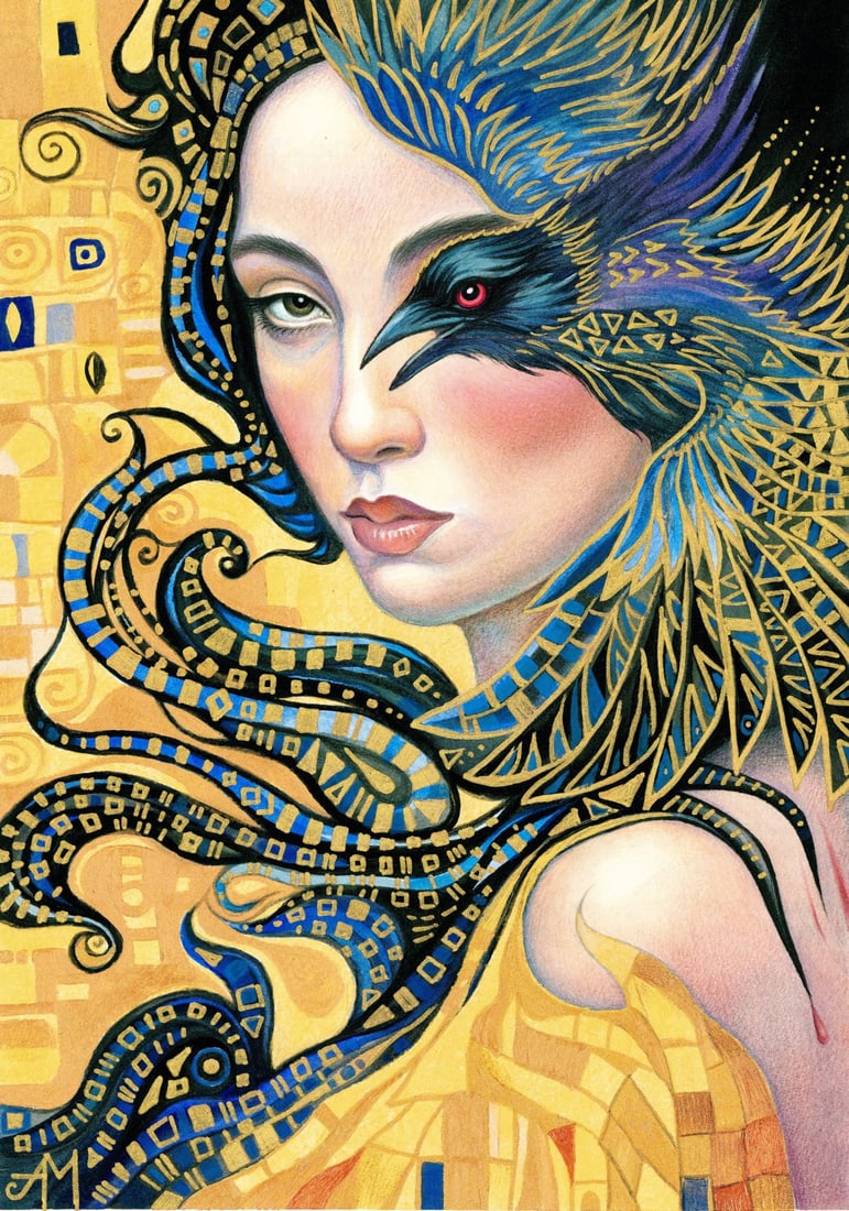 Anastasia Molodchikova (Ukraine,20/21C) mixed media painting: ARTIST: Anastasia Molodchikova (Ukraine, 20/21 centuries) TITLE: Portrait of Woman with Bird MEDIUM: mixed media on heavy paper CONDITION: Very good. ART SIZE: