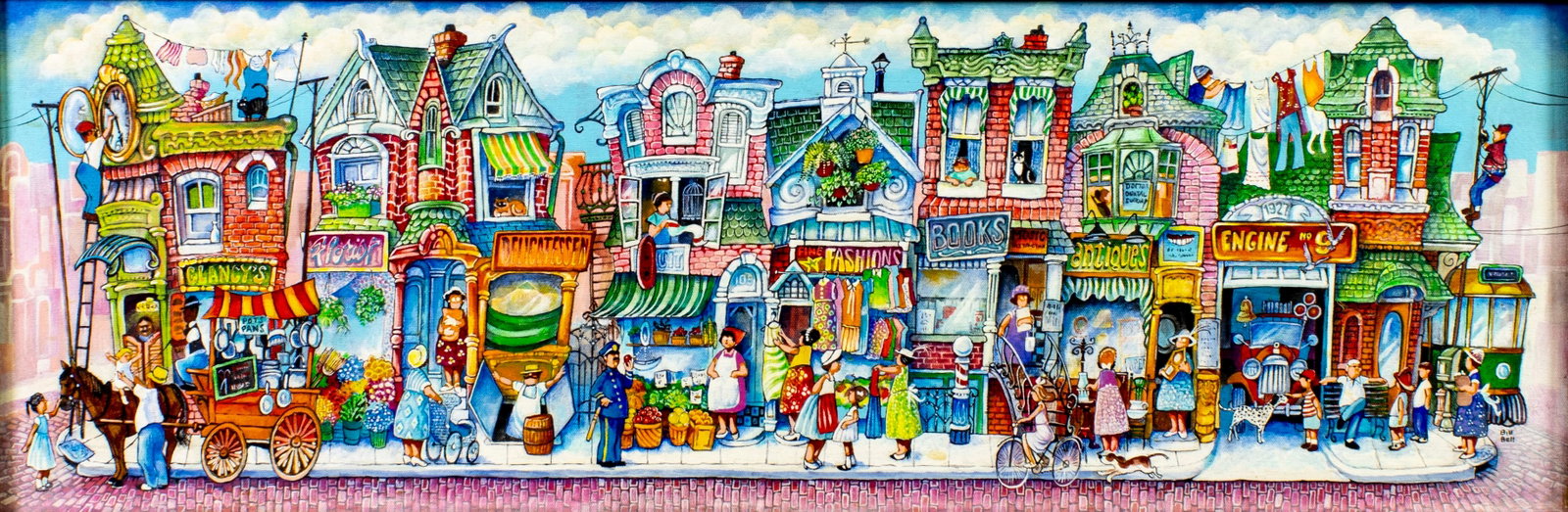 Bill Bell (PA,1934-2006) oil painting: ARTIST: Bill Bell (Pennsylvania, 1934 - 2006) TITLE: Convenience Shopping (titled on label) MEDIUM: oil on canvas CONDITION: Overall good. No visible inpaint under UV light.