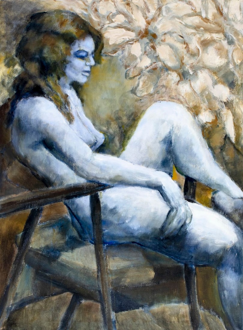 Thelma Thal (NY,1903-2001) oil painting: ARTIST: Thelma Thal (New York, 1903 - 2001) TITLE: Nude on Chair MEDIUM: oil on canvas CONDITION: Minor scratches/paint losses. No visible inpaint under UV light.