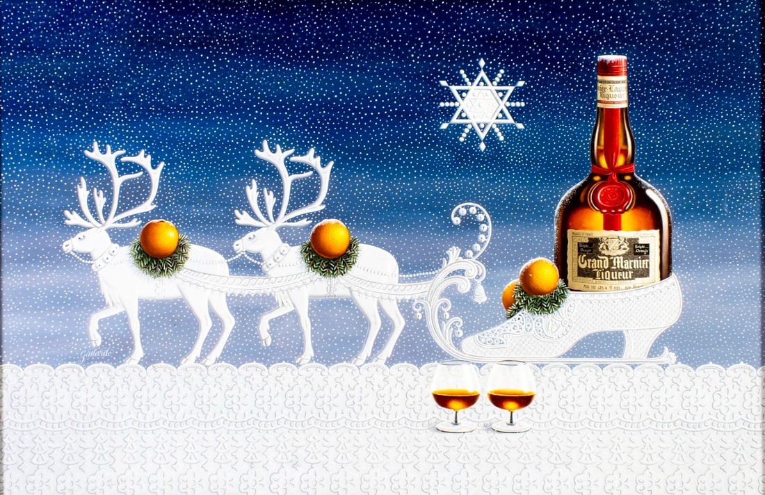 Gervasio Gallardo (Spain,1934-?) oil painting: ARTIST: Gervasio Gallardo (Spanish, 1934 - ???) TITLE: Grand Marnier Liqueur MEDIUM: oil on canvas. Canvas applied to board. CONDITION: Few minor scratches/paint losses. Few