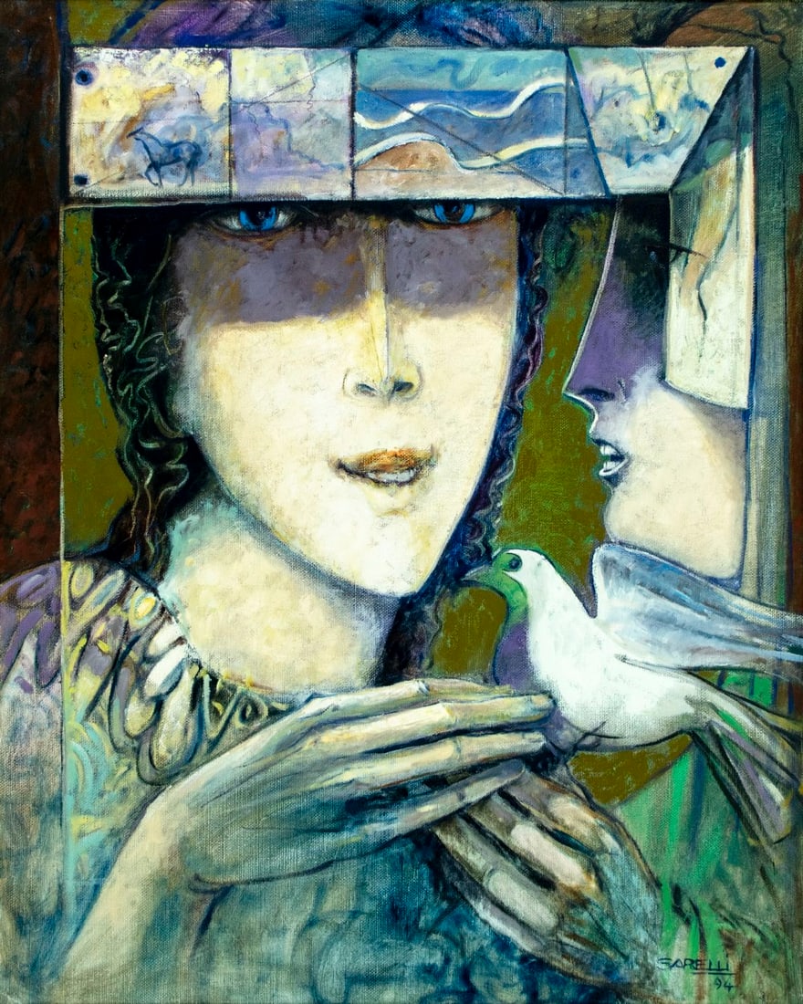 Antonio Sarelli (Argentina,1936-2010) oil painting: ARTIST: Antonio Sarelli (Argentinean, 1936 - 2010) TITLE: Comarcas de Paz (titled on verso) YEAR: 1994 MEDIUM: oil on canvas CONDITION: Overall good. No