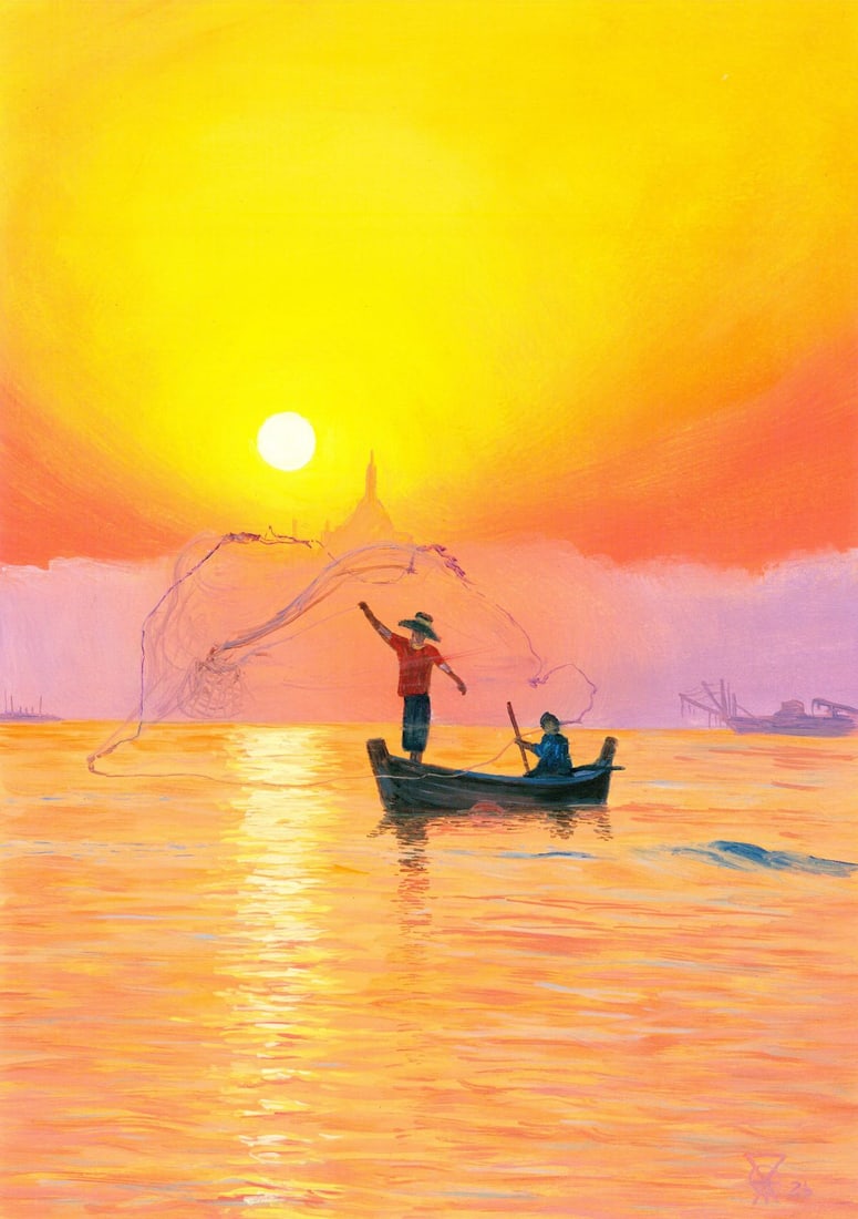 Oleksandr Pukhno (Ukraine,20/21C) oil painting: ARTIST: Oleksandr Pukhno (Ukraine, 20/21 centuries) TITLE: Asian Fishermen at Sunset MEDIUM: oil on heavy paper CONDITION: Very good. No visible inpaint under UV light. <