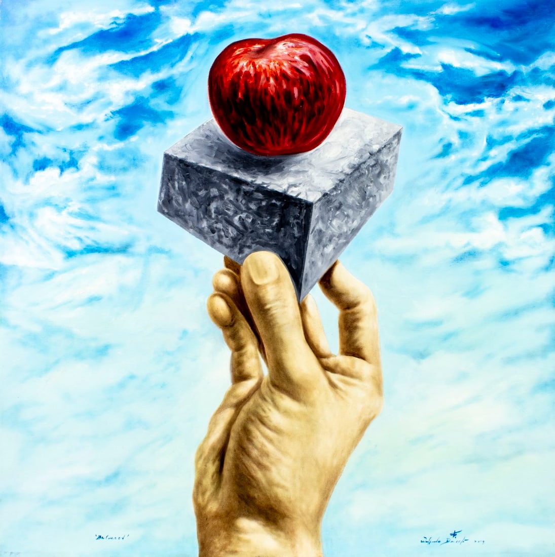 Wilfredo Barcelo (Cuba,FL,b 1971) oil painting: ARTIST: Wilfredo Barcelo (Cuban, Florida, born 1971) TITLE: Balmeed YEAR: 2019 MEDIUM: oil on canvas CONDITION: Few minor paint losses along edges. No vi