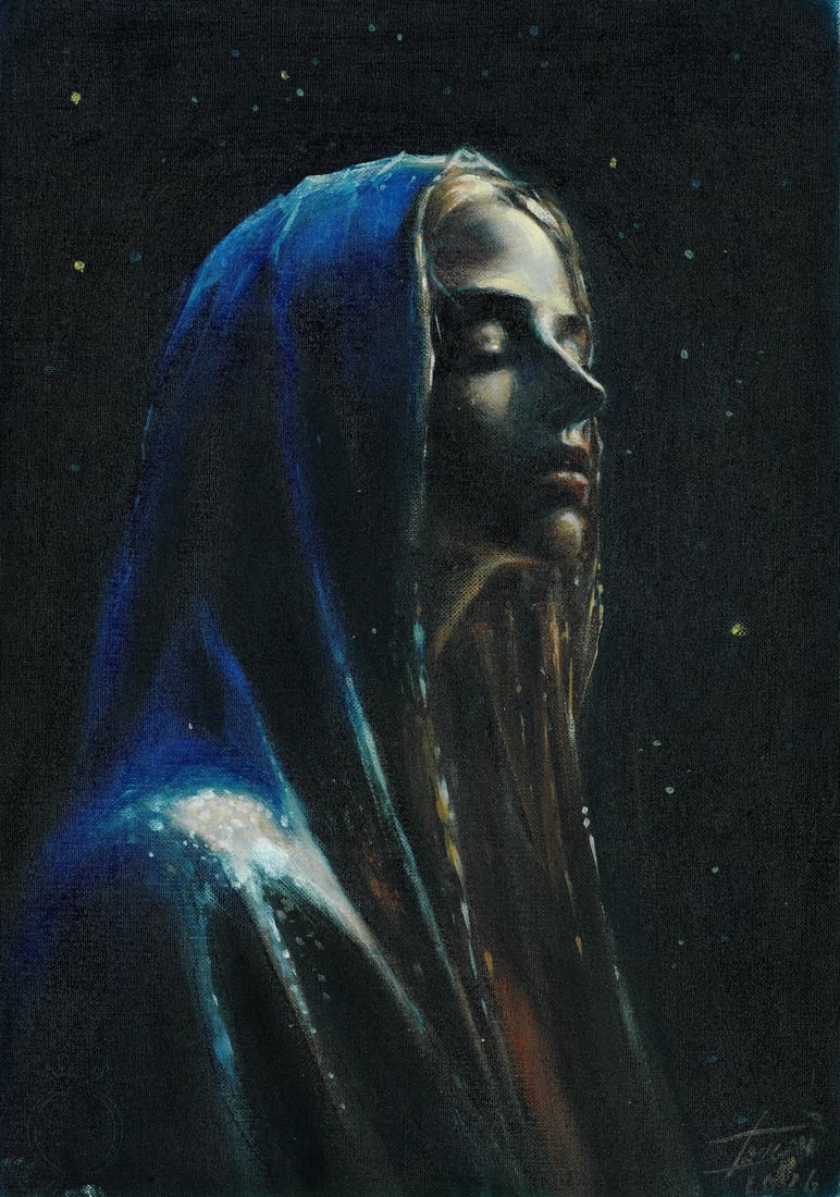 Sergey Dovgan (Ukraine,b 1976) oil painting: ARTIST: Sergey Dovgan (Ukraine, born 1976) TITLE: Portrait of Woman in Blue Veil MEDIUM: oil on heavy paper CONDITION: A few minor paint losses. No visible inpaint under UV