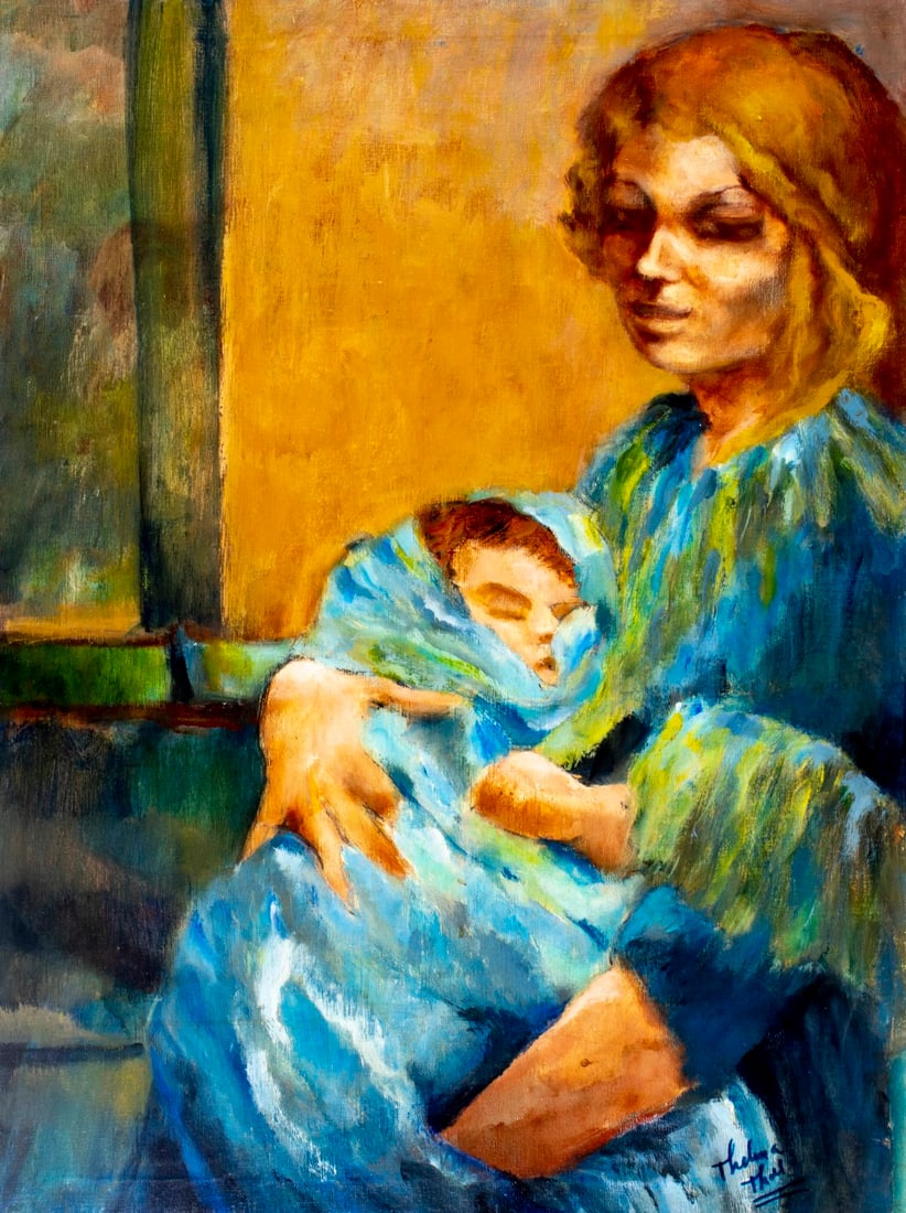 Thelma Thal (NY,1903-2001) oil painting: ARTIST: Thelma Thal (New York, 1903 - 2001) TITLE: Mother and Child MEDIUM: oil on canvas CONDITION: Few minor scratches/paint losses mostly along edges. Minor craquelure.