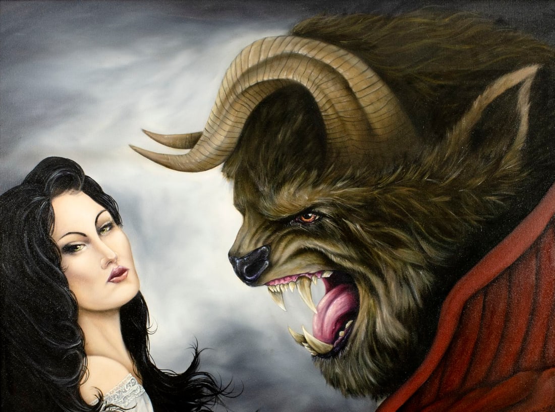 Martin Darkside (UK,20/21C) oil painting: ARTIST: Martin Darkside (United Kingdom, 20/21 centuries) TITLE: Beauty is in the Eye of the Beholder YEAR: 2015 MEDIUM: oil on canvas CONDITION: Few min