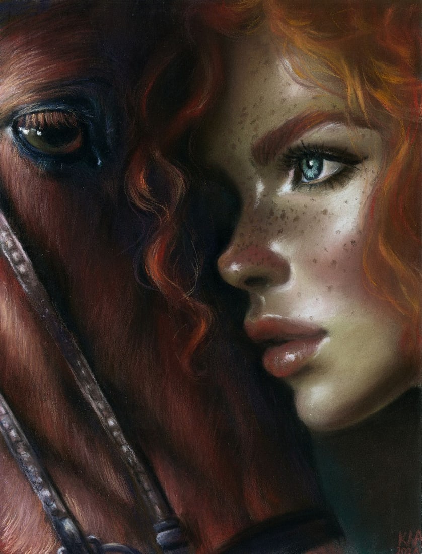 Elena Khafuz (Ukraine,b 1991) pastel painting: ARTIST: Elena Khafuz (Ukrainian, born 1991) TITLE: Portrait of Woman with Horse MEDIUM: pastel on heavy paper CONDITION: Very good. ART SIZE: 10 x 7 inch