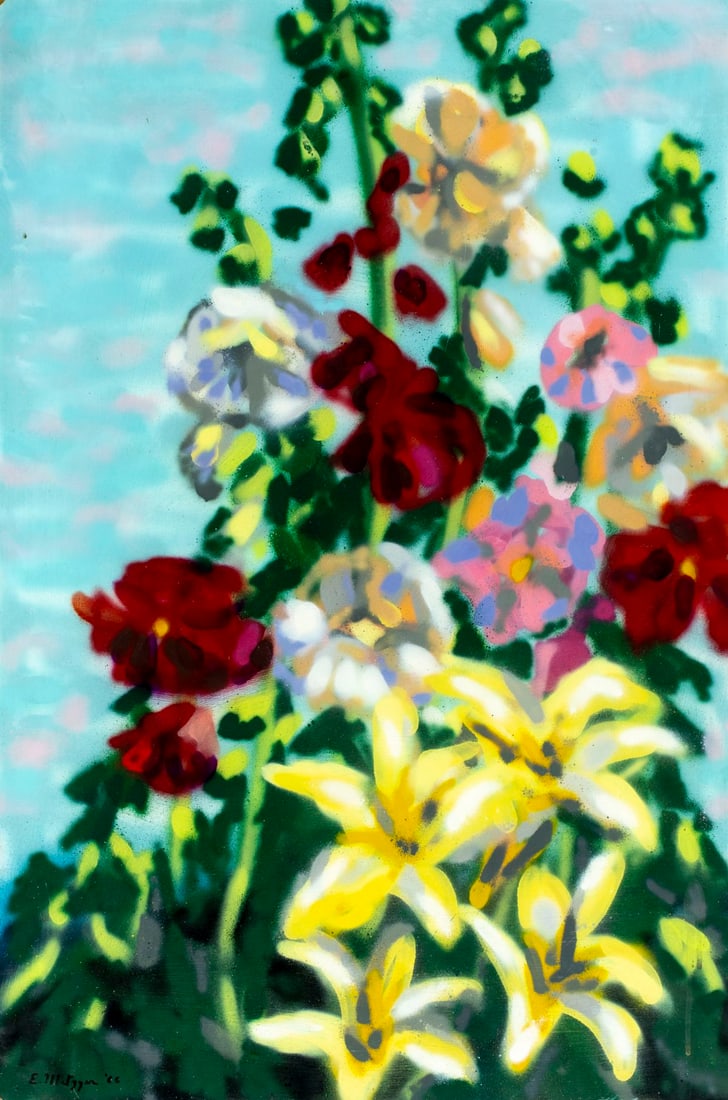 Evelyn Metzger (NY,Brazil,1911-2007) acrylic painting: ARTIST: Evelyn Borchard Metzger (New York, Brazilian, 1911 - 2007) TITLE: Floral Landscape YEAR: 1966 MEDIUM: acrylic on board CONDITION: Some small dama