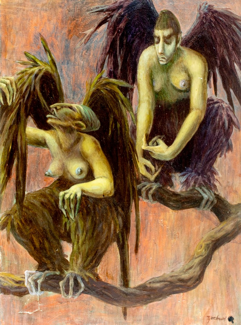 B Yochum (US,20C) oil painting: ARTIST: B Yochum (American, 20 century) TITLE: Winged Nudes MEDIUM: oil on canvas CONDITION: Patch-repaired tear. Some paint losses. No visible inpaint under UV light.