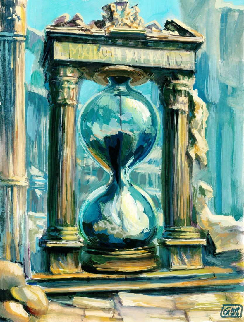 Halyna Yeromenko Afana (Ukraine,20/21C) mixed media painting: ARTIST: Halyna Yeromenko Afana (Ukraine, 20/21 centuries) TITLE: Surreal Hourglass with Ruins MEDIUM: mixed media on heavy paper CONDITION: Very good. ART SIZE:</
