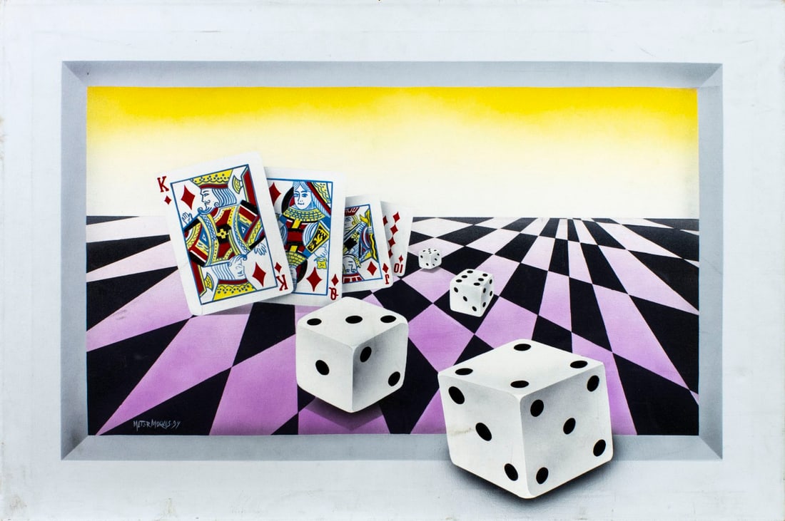 Valter de Morais (Brazil,FL,1948-?) oil painting: ARTIST: Valter de Morais (Brazilian, Florida, 1948 - ???) TITLE: Playing Cards and Dice YEAR: 1994 MEDIUM: oil on canvas CONDITION: One nail hole by the