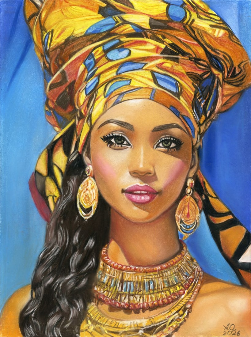 Oleksandr Achkasov (Ukraine,b 1965) pastel painting: ARTIST: Oleksandr Achkasov (Ukraine, born 1965) TITLE: Portrait of African Woman MEDIUM: pastel on heavy paper CONDITION: Very good. ART SIZE: 16 x 12 in