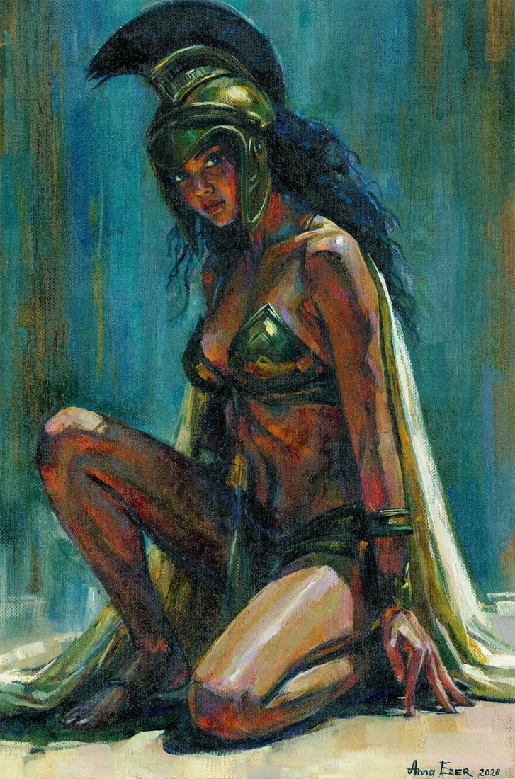 Anna Ezer (Ukraine,20/21C) oil painting: ARTIST: Anna Ezer (Ukraine, 20/21 centuries) TITLE: Warrior Woman MEDIUM: oil on heavy paper CONDITION: Very good. No visible inpaint under UV light. ART SIZE:
