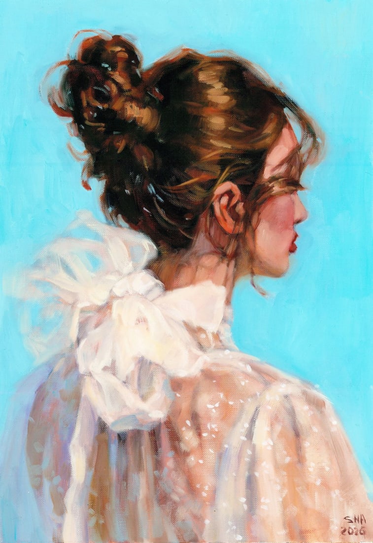 Anna Shariha (Ukraine,b 1998) oil painting: ARTIST: Anna Shariha (Ukraine, born 1998) TITLE: Portrait of Woman in White MEDIUM: oil on heavy paper CONDITION: Very good. No visible inpaint under UV light. AR