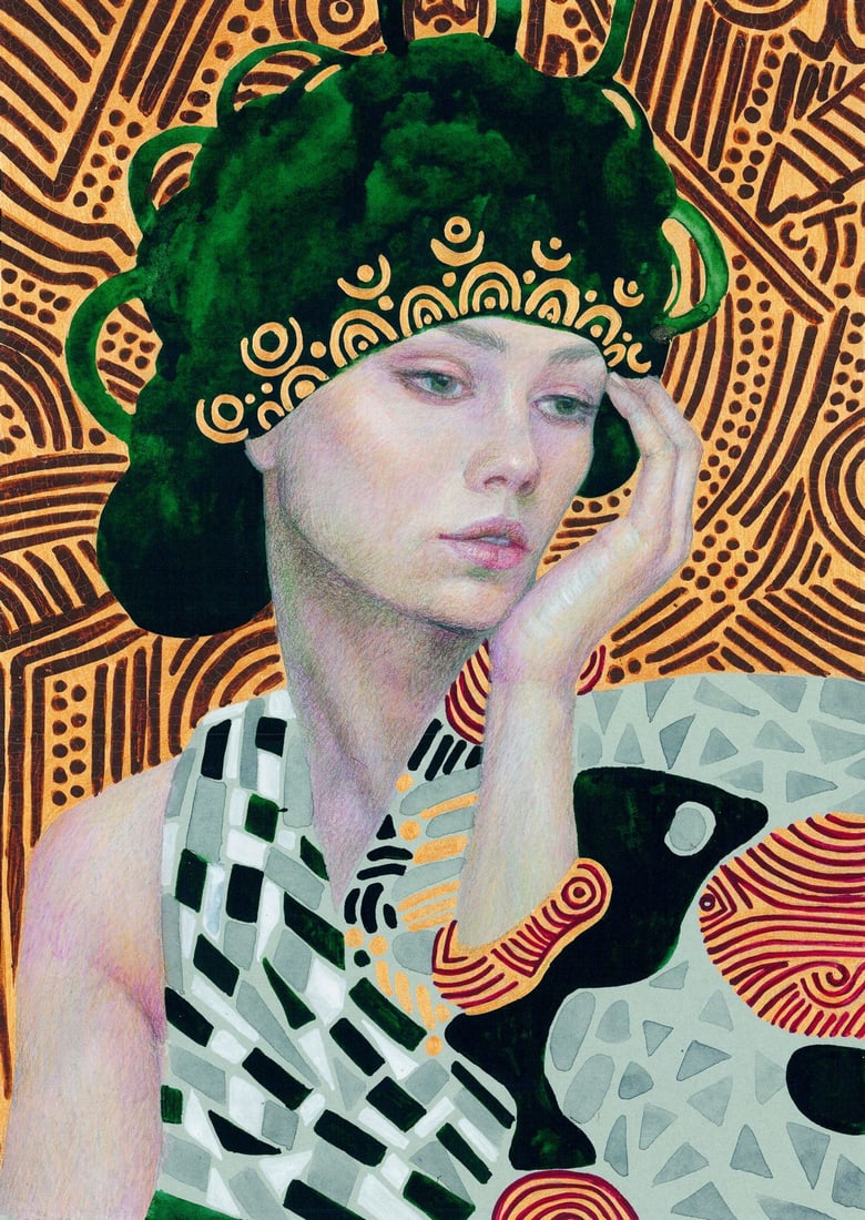 Katerina Grigorenko (Ukraine,b 1999) acrylic painting: ARTIST: Katerina Grigorenko (Ukrainian, born 1999) TITLE: Portrait of Woman MEDIUM: acrylic on heavy paper CONDITION: Very good. No visible inpaint under UV light.