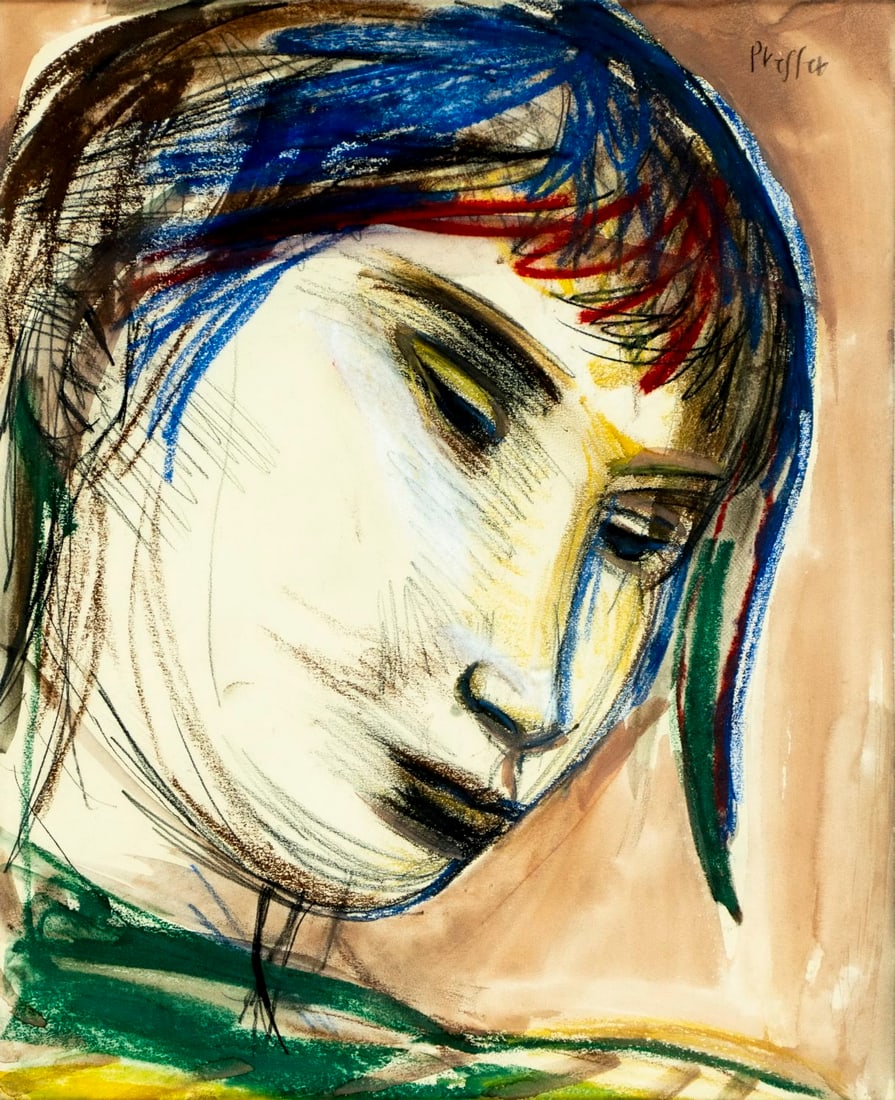 Josef Presser (MA,NY,1907-1967) mixed media painting: ARTIST: Josef Presser (Massachusetts, New York, 1907 - 1967) TITLE: Portrait of Woman MEDIUM: mixed media on paper CONDITION: Some age toning. Framed under glass. Wear to fr