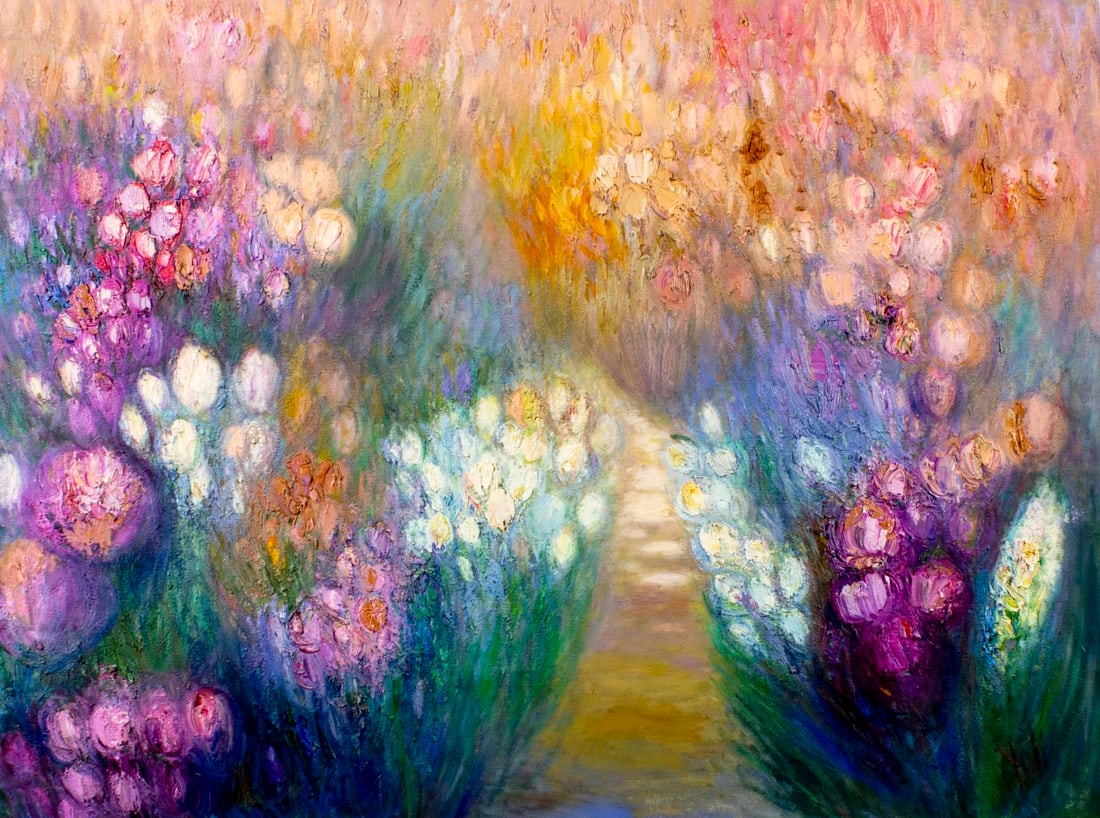 Yolanda Razzeto (Peru,1948-?) oil painting: ARTIST: Yolanda Razzeto (Peruvian, 1948 - ???) TITLE: Garden Landscape with Flowers MEDIUM: oil on canvas CONDITION: Unstretched (In-House stretching available). Missing a f