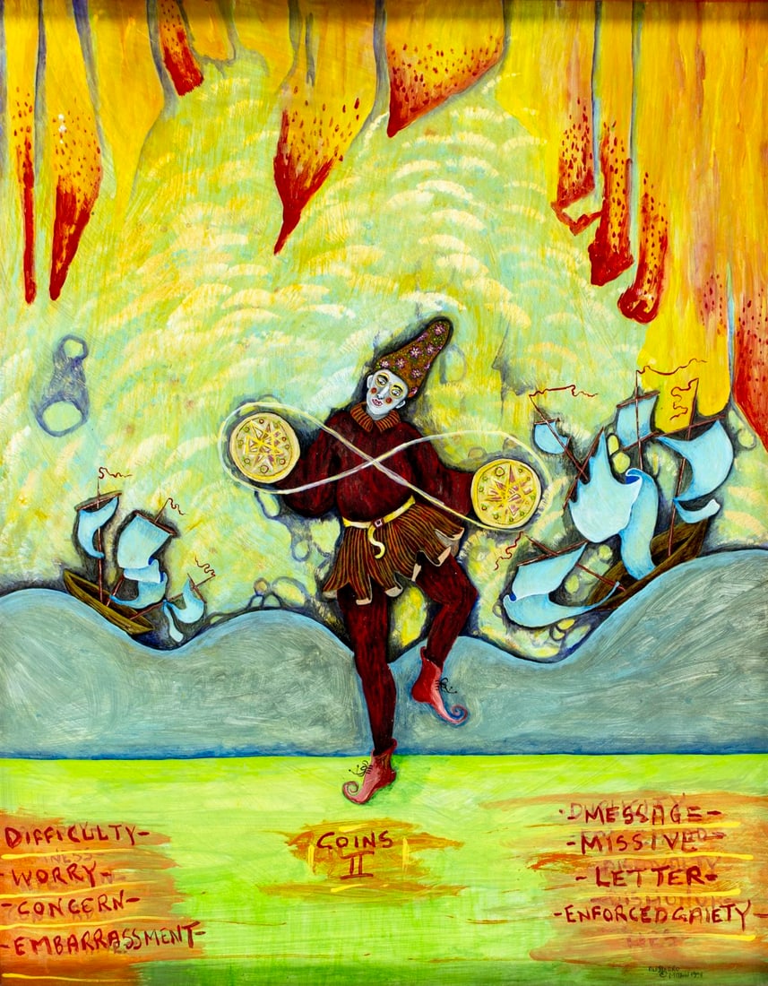 Alejandro Mazon (Cuba,NY,b 1962) oil painting: ARTIST: Alejandro U Mazon (Cuban, New York, born 1962) TITLE: Coins 2 (titled on verso) YEAR: 1994 MEDIUM: oil on board CONDITION: Few minor scratches. N