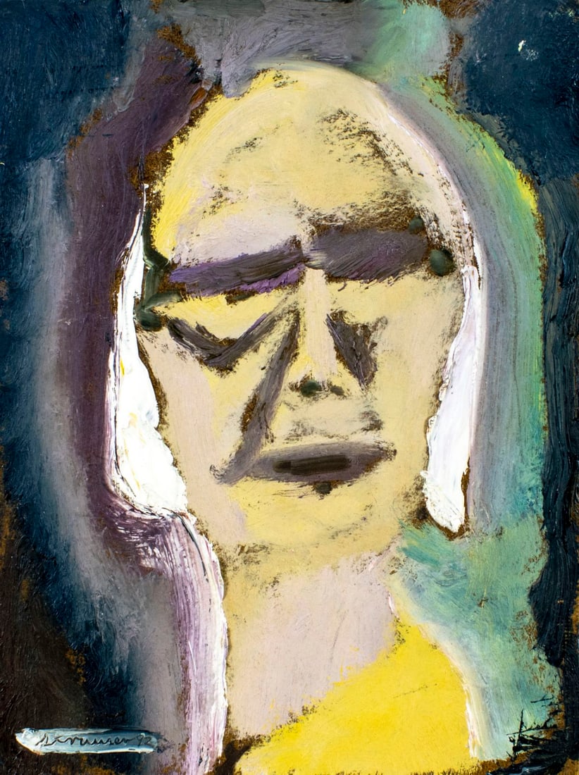 Sterling Strauser (PA,1907-1995) oil painting: ARTIST: Sterling Boyd Strauser (Pennsylvania, 1907 - 1995) TITLE: Self Portrait at 85 (titled on verso) YEAR: 1992 MEDIUM: oil on board CONDITION: Very g