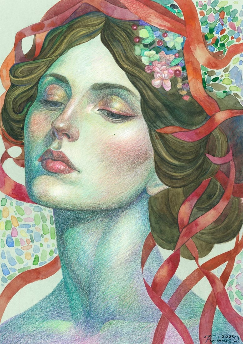 Olena Kalmus (Ukraine,b 1996) mixed media painting: ARTIST: Olena Kalmus (Ukrainian, born 1996) TITLE: Portrait of Woman MEDIUM: mixed media on heavy paper CONDITION: Very good. ART SIZE: 12 x 8 inches / 3