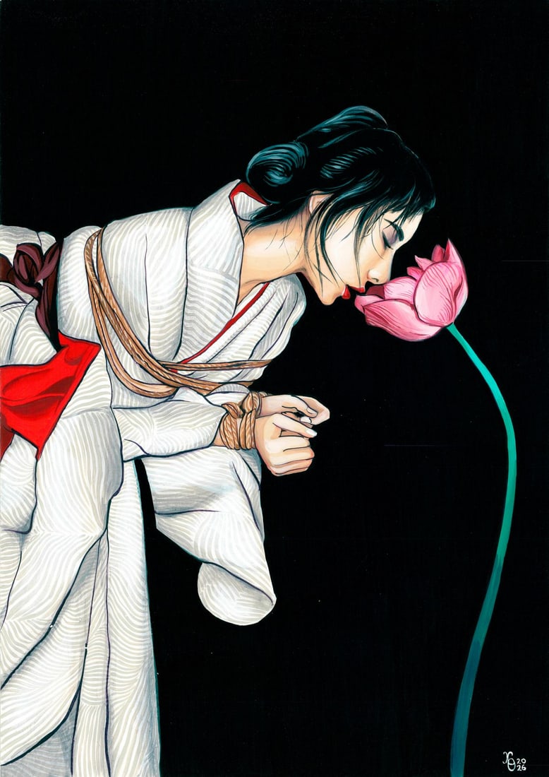 Oleksandra Hristevich (Ukraine,20/21C) mixed media painting: ARTIST: Oleksandra Hristevich (Ukrainian, 20/21 centuries) TITLE: Japanese Woman with Lotus MEDIUM: mixed media on heavy paper CONDITION: Very good. ART SIZE: