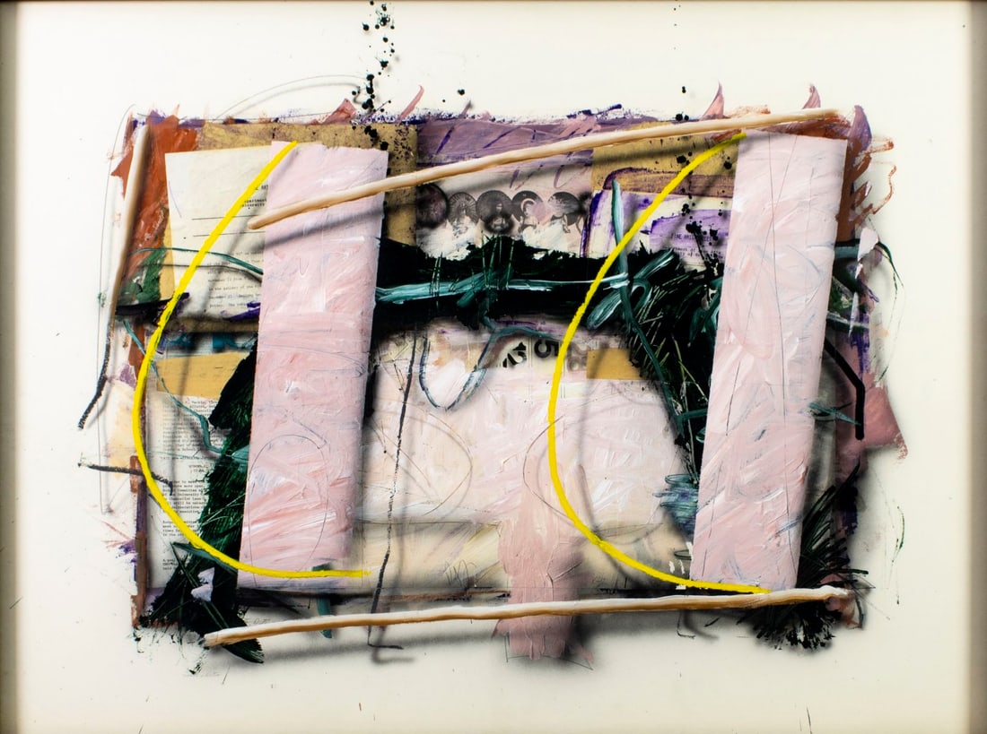 Richard Johnson (LA,b 1942) mixed media painting: ARTIST: Richard Johnson (Louisiana, born 1942) TITLE: Abstract Composition MEDIUM: mixed media on heavy paper CONDITION: Very good. No visible inpaint under UV light. Framed