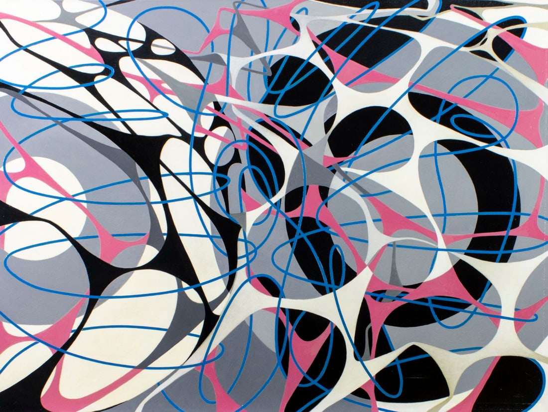 James Massena (OH,1953-2021) acrylic painting: ARTIST: James Massena March (Ohio, 1953 - 2021) TITLE: Abstract Composition MEDIUM: acrylic on canvas CONDITION: Few small scratches/paint losses. No visible inpaint under U