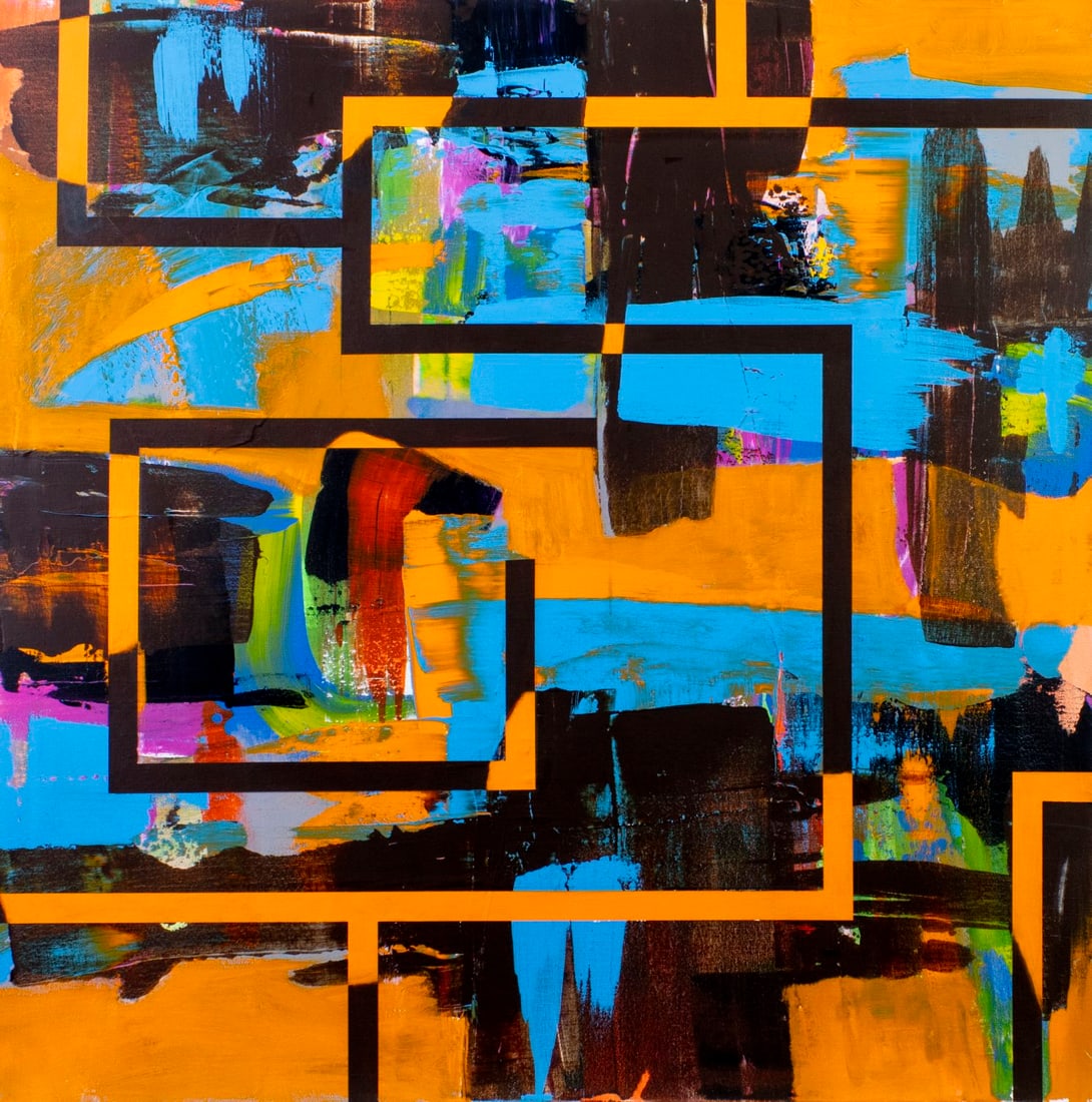 James Massena (OH,1953-2021) acrylic painting: ARTIST: James Massena March (Ohio, 1953 - 2021) TITLE: Abstract Composition MEDIUM: acrylic on canvas CONDITION: Few small paint losses by the edges. No visible inpaint unde
