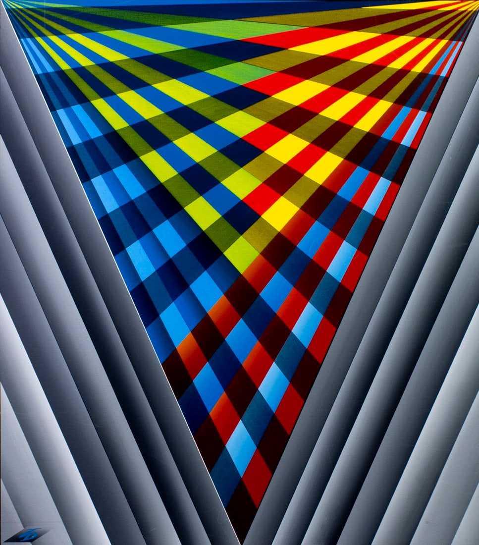 Vintage 20C American oil painting: ARTIST: - (United States, 20 century) TITLE: Geometric Abstract Composition MEDIUM: oil on canvas CONDITION: Some small scratches/paint losses. Minor craquelure. No visible