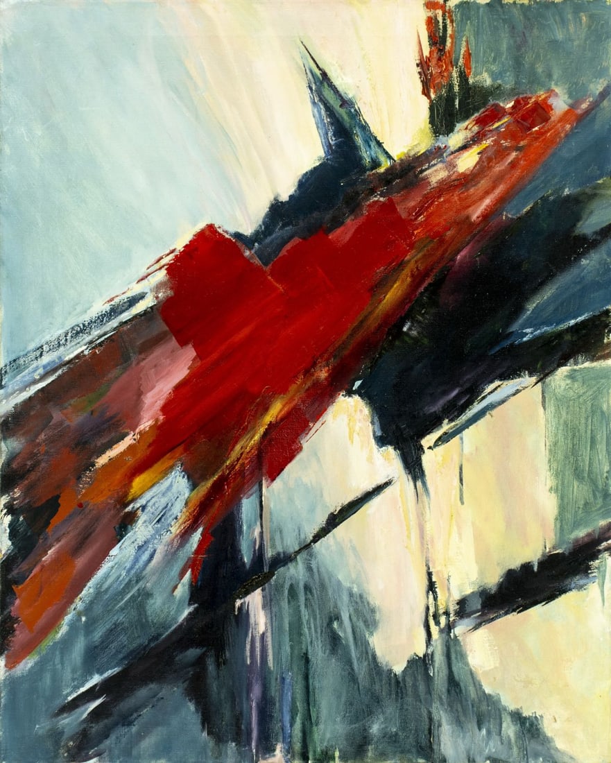 Irma Marantz (US,20C) oil painting: ARTIST: Irma Marantz (American, 20 century) TITLE: Abstract Composition - Icarus (titled on stretcher) MEDIUM: oil on canvas CONDITION: Some small patches. Some small paint