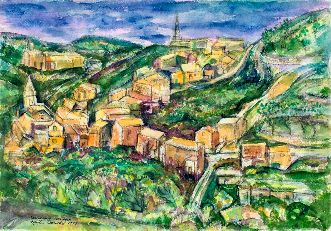 Martin Rosenthal (NY,MA,1899-1974) watercolor painting: ARTIST: Martin Rosenthal (New York, Massachusetts, 1899 - 1974) TITLE: Abstract Cityscape - Valldemosa Mallorca YEAR: 1953 MEDIUM: watercolor on paper CONDITION:<