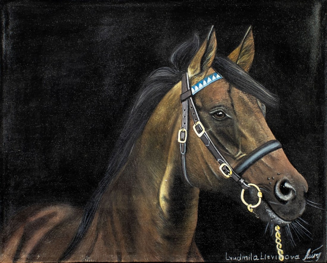 Lyudmila Litvinova (Russia,b 1991) oil painting: ARTIST: Lyudmila Litvinova (Russian, born 1991) TITLE: Horse MEDIUM: oil on canvas CONDITION: Unstretched (In-House stretching available) (In-House stretching available). Ve