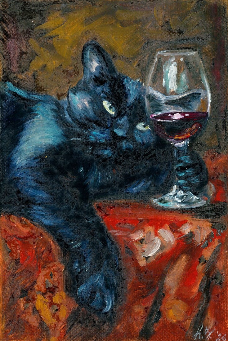 Katerina Zavgorodnya (Ukraine,20/21C) oil painting: ARTIST: Katerina Zavgorodnya (Ukrainian, 20/21 centuries) TITLE: Cat with Wine MEDIUM: oil on heavy paper CONDITION: Very good. No visible inpaint under UV light.