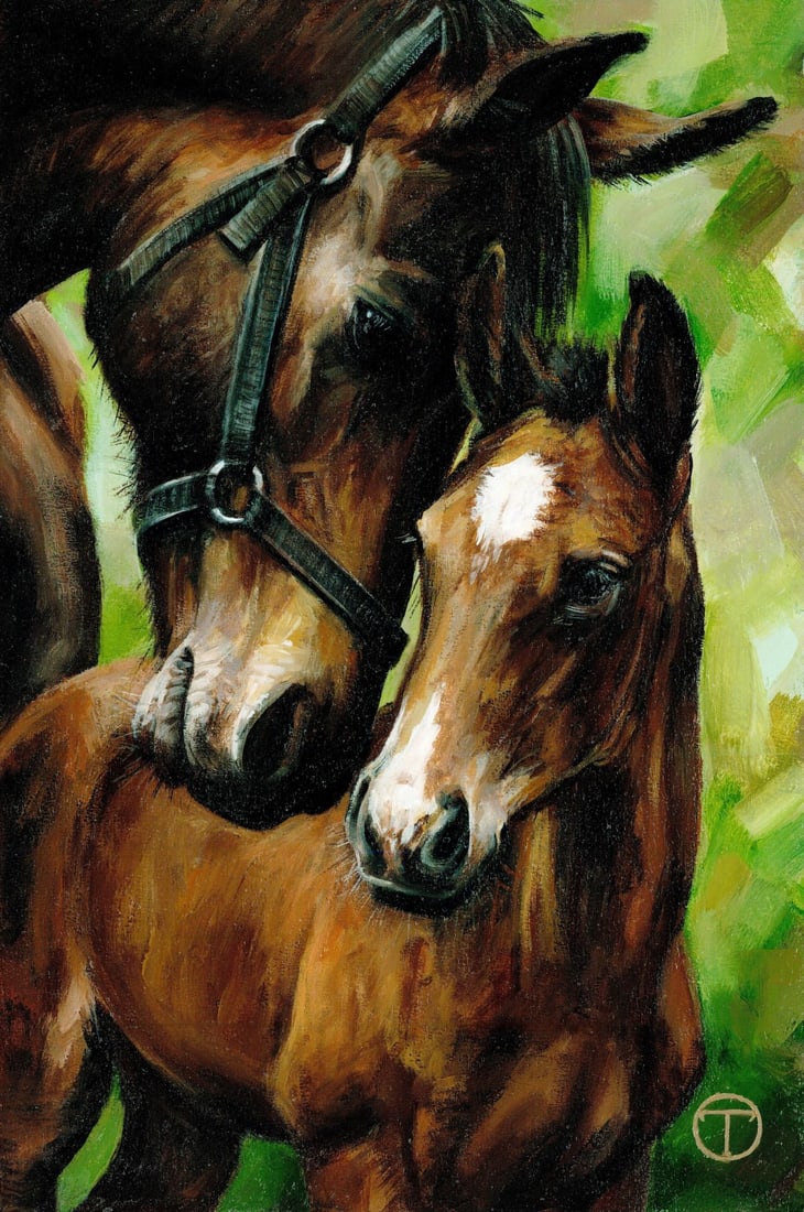 Olia Tomkova (Ukraine,b 1993) acrylic painting: ARTIST: Olia Tomkova (Ukraine, born 1993) TITLE: Horse and Foal MEDIUM: acrylic on board CONDITION: Very good. No visible inpaint under UV light. ART SIZE: