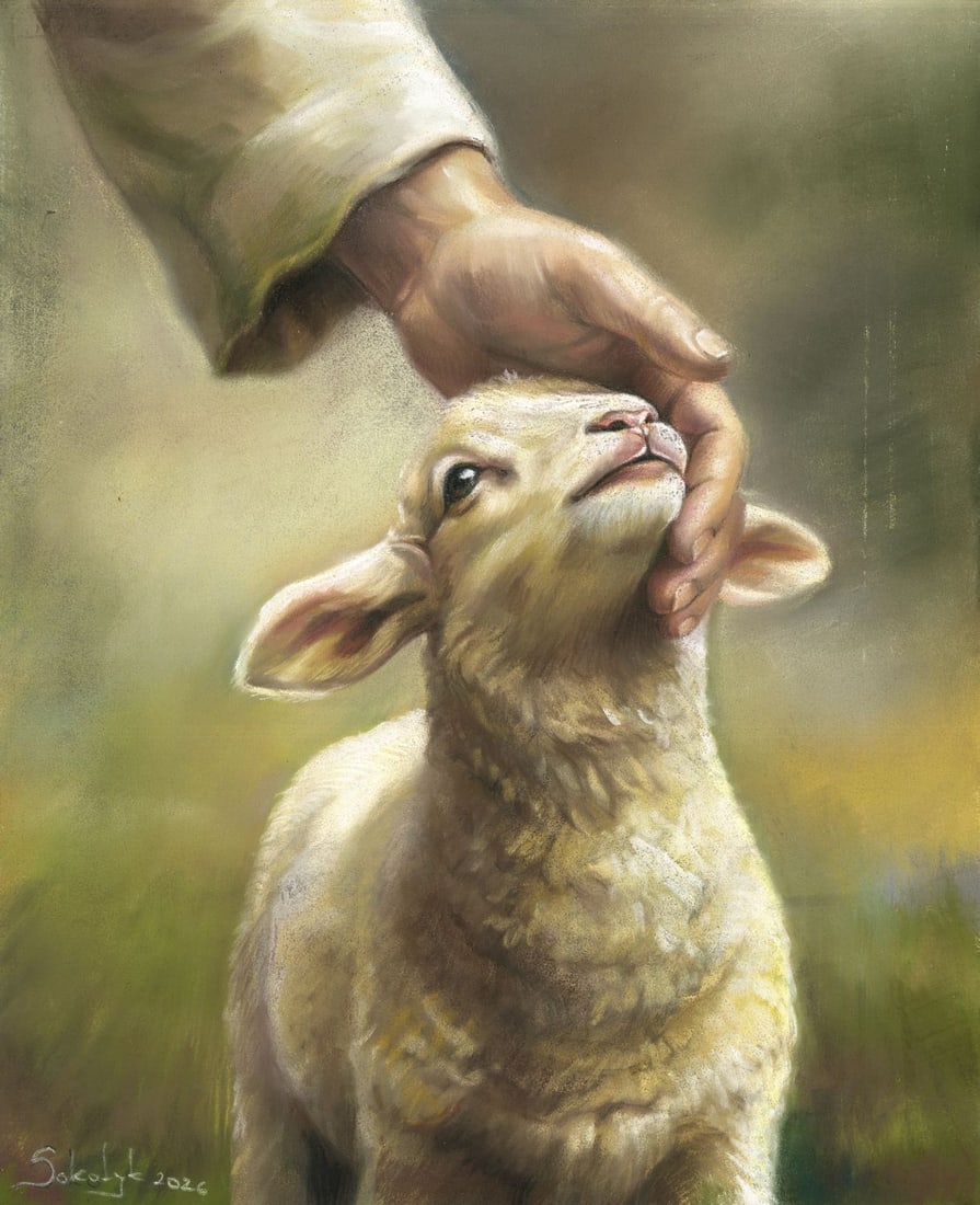 Vira Sokolyk (Ukraine,b 1999) pastel painting: ARTIST: Vira Sokolyk (Ukraine, born 1999) TITLE: Lamb with Hand MEDIUM: pastel on heavy paper CONDITION: Few minor scratches/paint losses. ART SIZE: 12 x