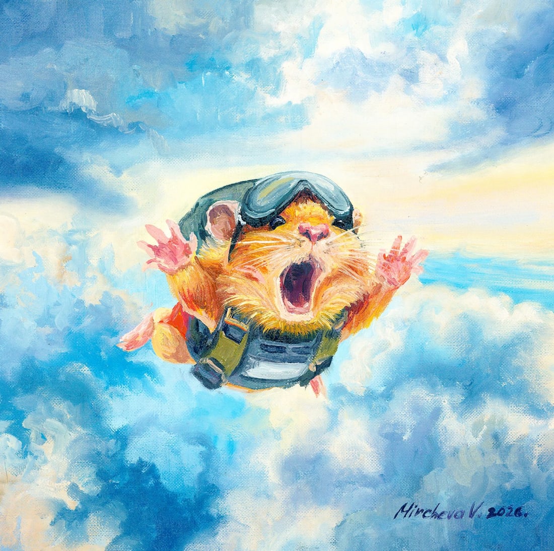Valeria Mircheva (Ukraine,20/21C) oil painting: ARTIST: Valeria Mircheva (Ukrainian, 20/21 centuries) TITLE: Hamster with Parachute MEDIUM: oil on heavy paper CONDITION: Very good. No visible inpaint under UV light.