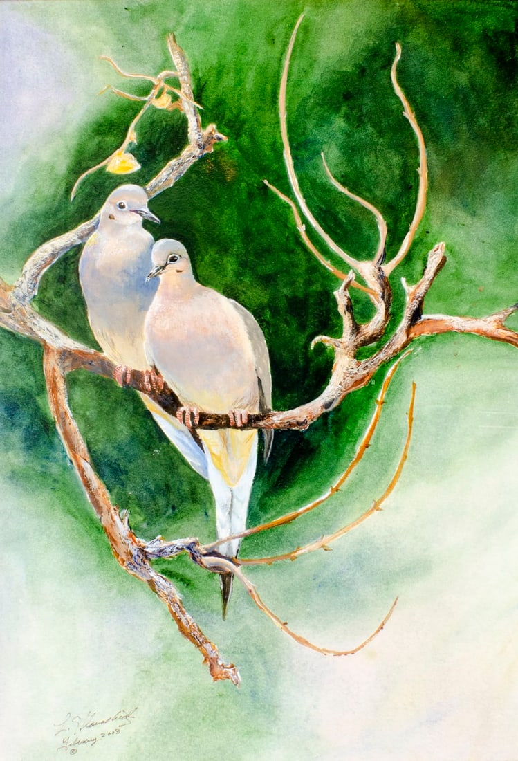 Vintage American watercolor painting signed: ARTIST: - (American, 20/21 centuries) TITLE: Mourning Doves YEAR: 2003 MEDIUM: watercolor on heavy paper CONDITION: Very good. Framed under glass.